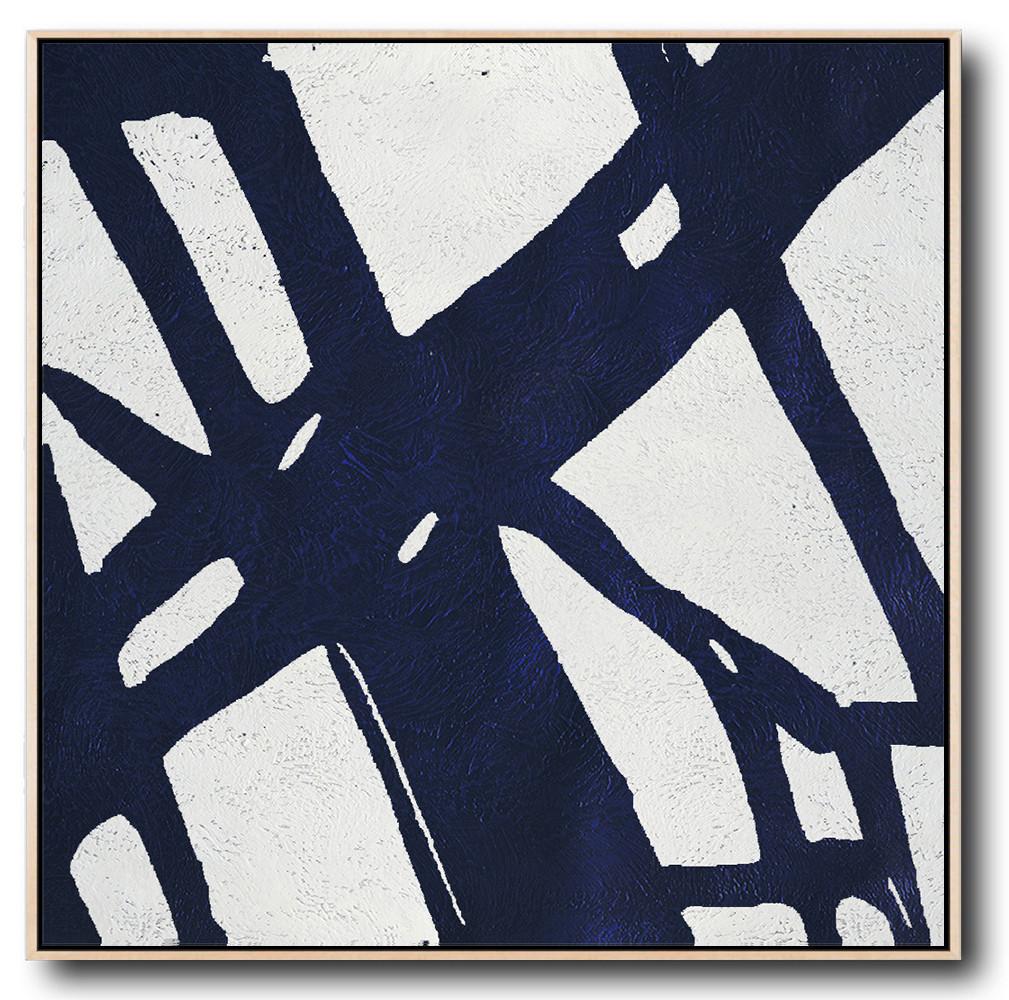 Minimalist Navy Blue And White Painting - Art Oil Large